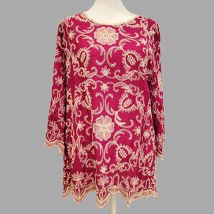 Vibrant Magenta Embroidered Tunic – Bell Sleeves & Scalloped Hem NWT!